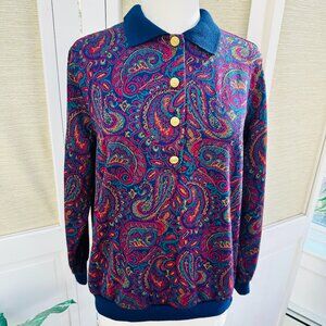 Vintage Paisley Top Burgandy and Navy Top Gold Buttons Business Casual Shirt